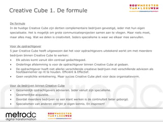 Creative Cube 1. De formule

De formule
In de huidige Creative Cube zijn dertien complementaire bedrijven gevestigd, ieder met hun eigen
specialisatie. Het is mogelijk om grote communicatieprojecten samen aan te vliegen. Maar niets moet,
maar alles mag. Wat we delen is creativiteit. Ieders specialisme is waar we elkaar mee aanvullen.


Voor de opdrachtgever
5 jaar Creative Cube heeft uitgewezen dat het voor opdrachtgevers uitstekend werkt om met meerdere
bedrijven binnen Creative Cube te werken:
•   Elk advies komt vanuit één centraal gedachtegoed.
•   Onderlinge afstemming is voor de opdrachtgever binnen Creative Cube al gedaan.
•   De opdrachtgever hoeft niet allerlei verschillende creatieve bedrijven met verschillende adviezen als
    hoofdaannemer op rit te houden. Efficiënt & Effectief.
•   Geen verplichte winkelnering. Maar succes Creative Cube pleit voor deze organisatievorm.


Voor de bedrijven binnen Creative Cube
•   Gezamenlijk opdrachtgevers adviseren. Ieder vanuit zijn specialisme.
•   Gezamenlijke acquisitie.
•   Doordat meerdere bedrijven op een klant werken is de continuïteit beter geborgd.
•   Specialismen van anderen verrijkt je eigen kennis. En inspireert!
 