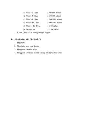 e) Usia 1-3 Tahun : 500-600 ml/hari
f) Usia 3-5 Tahun : 600-700 ml/hari
g) Usia 5-8 Tahun : 700-1000 ml/hari
h) Usia 8-14 Tahun : 800-1400 ml/hari
i) Usia 14 Th- Dwsa : 1500 ml/hari
j) Dewasa tua : <1500 ml/hari
2. Kultur Urine (N : Kuman pathogen negatif)
H. DIAGNOSA KEPERAWATAN
1. Hipertermi
2. Nyeri akut atau nyeri kronis
3. Gangguan eliminasi urine
4. Gangguan kebutuhan nutrisi kurang dari kebutuhan tubuh
 