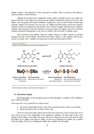 11
alkaline medium. The application of these dyestuffs to cellulose fibers is based on the oxidation-
reduction balance of their molecules.
Although the chemical rule of application of both sulphur and indigo dyes is very similar, the
physical behavior of the sulphur dye presents greater affinity and diffusion capacity in the yarn. This
implies more changeable and compact conditions of application, since, in order to obtain medium high
intensities sulphur dyes needonly one or two dye vats. Sulphur dyestuffs require a much more energetic
oxidation in order to completely develop the final color. Contrary to indigo, which becomes completely
oxidized while passing several times through air passage skying, the sulphur dye needs a chemical
oxidation through the impregnation of the yarn in a solution with some kind of oxidizing agent.
Most commonly used oxidizing agents for sulphur dyeing are: sodium bromate at acid pH,
hydrogen peroxide at both alkaline and acid pH and sodium chlorite. In the oxidizing bath the dye
returns to its initial state - insoluble but already post-reaction and fixed inside the fiber.
b) Bottoming/Topping
Bottoming/topping are the dyeing processes in which the indigo is combined with an additional
dye in different dyebaths.
These processes were created for two major reasons:
 The need to obtain high intensity colors with acceptable fastness values in yarn dyeing.
 Market demand for diverse shades of blue color.
There are various dye ranges which can be used in these processes,such as reactive dyes or vat
dyes. However, due to the changeability of the application conditions, the main range of dyes used
together with the indigo is the sulphur dye range. The names of the processes refer to the order in which
the sulphur dye is applied with respect to indigo. In the case of bottoming the sulphur dye is applied
before the indigo. In the case of topping the sulphur dye is applied after the indigo.
 