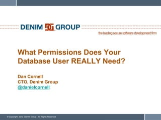 What Permissions Does Your
           Database User REALLY Need?
           Dan Cornell
           CTO, Denim Group
           @danielcornell




© Copyright 2012 Denim Group - All Rights Reserved
 