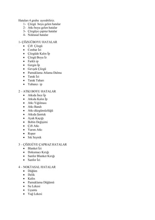 Hataları 4 gruba ayırabiliriz.
1- Çözgü boyu gelen hatalar
2- Atkı boyu gelen hatalar
3- Çözgüye çapraz hatalar
4- Noktasal hatalar
1- ÇÖZGÜBOYU HATALAR
 Çift Çözgü
 Cımbar İzi
 Çözgüde Kalın İp
 Çözgü Boyu İz
 Farklı ip
 Gergin İp
 Gevşek Çözgü
 Pamuklama Atlama Dalma
 Tarak İzi
 Tarak Taharı
 Yabancı ip
2 – ATKI BOYU HATALAR
 Atkıda İnce İp
 Atkıda Kalın İp
 Atkı Yığılması
 Atkı Bandı
 Atkı düzgünsüzlüğü
 Atkıda Şantuk
 Ayak Kaçığı
 Bobin Değişimi
 Çift Atkı
 Yarım Atkı
 Roper
 Sık Seyrek
3 – ÇÖZGÜYE ÇAPRAZ HATALAR
 Blanket İzi
 Dokumacı Kırığı
 Sanfor Blanket Kırığı
 Sanfor İzi
4 – NOKTASAL HATALAR
 Düğüm
 Delik
 Kafes
 Pamuklama Düğümü
 Su Lekesi
 Uçuntu
 Yağ Lekesi
 