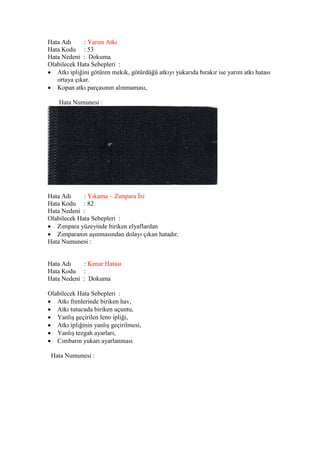 Hata Adı : Yarım Atkı
Hata Kodu : 53
Hata Nedeni : Dokuma
Olabilecek Hata Sebepleri :
 Atkı ipliğini götüren mekik, götürdüğü atkıyı yukarıda bırakır ise yarım atkı hatası
ortaya çıkar.
 Kopan atkı parçasının alınmaması,
Hata Numunesi :
Hata Adı : Yıkama – Zımpara İzi
Hata Kodu : 82
Hata Nedeni :
Olabilecek Hata Sebepleri :
 Zımpara yüzeyinde biriken elyaflardan
 Zımparanın aşınmasından dolayı çıkan hatadır.
Hata Numunesi :
Hata Adı : Kenar Hatası
Hata Kodu :
Hata Nedeni : Dokuma
Olabilecek Hata Sebepleri :
 Atkı frenlerinde biriken hav,
 Atkı tutucuda biriken uçuntu,
 Yanlış geçirilen leno ipliği,
 Atkı ipliğinin yanlış geçirilmesi,
 Yanlış tezgah ayarları,
 Cımbarın yukarı ayarlanması
Hata Numunesi :
 