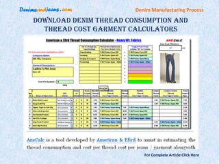 Denim Manufacturing Process

Download Denim Thread Consumption And
  Thread Cost Garment Calculators




                           For Complete Article Click Here
 