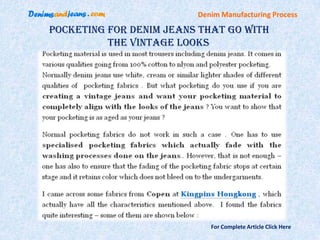 Denim Manufacturing Process

Pocketing for Denim Jeans That Go With
          The Vintage Looks




                            For Complete Article Click Here
 