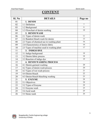 Final Year Project Denim wash
5
Bangabandhu Textile Engineering college
University of Dhaka
CONTENT
SL No DETAILS Page no
01 1. DENIM
02 1.1 Definition 7
03 1.2 Background 8
04 1.3 Flowchart of denim washing 10
05 2. DENIM WASH
06 2.1 Types of denim wash 11
07 2.2 Random bleach wash for denim 13
08 2.3 Types of chemical use in washing plant 16
09 2.4 Characteristics of denim fabric 16
10 2.5 Types of machine used in washing plant 17
11 3. INDIGO DYE
12 3.1 Indigo background 18
13 3.2 Denim fabric process 18
14 3.3 Reaction of indigo dye 19
15 4. DENIM WASHING PROCESS
16 4.1 Denim garment washing 20
17 4.2 Types of denim wash process 20
18 4.3 Types of wet wash process 21
19 4.4 Denim bleach 22
20 4.5 Denim bleach bleaching washing 23
21 5. ENZYME 28
22 5.1 Objectives 24
23 5.2 Types of Enzyme 24
24 5.3 Enzyme wash 25
25 5.4 Acid wash 25
26 5.5 Stone wash 26
 