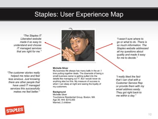 Staples: User Experience Map


             “The Staples IT
          Liberated website                                                             “I wasn’t sure where to
          made it so easy to                                                            go or what to do. There is
     understand and choose                                                              so much information. The
       IT managed services                                                              Staples website addressed
       that are right for me.”                                                          all my questions about
                                                                                        quality and made it easy
                                                                                        for me to decide.”


                                 Michelle Silver
                                 My business life always has many balls in the air. I
“The customer stories really     love putting together deals. The downside of being a
   helped me relax and feel      small business owner is getting pulled into the        “I really liked the fact
 less anxious. Just knowing      details like managing our IT. But I would never do
                                                                                        that I can chat with a
 there are other people that     anything else but this. My measure of success is
                                 when I can sleep at night and seeing the loyalty of    Customer Service Rep
     have used IT managed        my customers.                                          or provide them with my
   services this successfully                                                           email address easily.
      makes me feel better.”     Background                                             They got right back to
                                 Michelle Silver
                                                                                        me within a day.”
                                 Touchstone Residential Group, Boston, MA
                                 Age 39, HHI: $315,000
                                 Married, 2 children




                                                                                                                   10
 