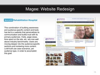 Magee: Website Redesign



This combination of building awareness
and audience-specific content and tools
has led to a website that personalizes its
communication and builds trust with its
primary audiences. Visits, page-views,
time spent on the site, etc. are now well
above industry benchmarks. Users are
moving deeper into the audience-specific
sections and reviewing more content.
Lorél built use case scenarios, per
audience type, in order to accomplish
this goal.




                                                   16
 
