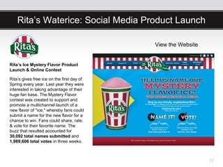Rita’s Waterice: Social Media Product Launch

                                            View the Website


Rita’s Ice Mystery Flavor Product
Launch & Online Contest

Rita’s gives free ice on the first day of
Spring every year. Last year they were
interested in taking advantage of their
huge fan base. The Mystery Flavor
contest was created to support and
promote a multichannel launch of a
new flavor of "ice," whereby fans could
submit a name for the new flavor for a
chance to win. Fans could share, rate,
& vote for their favorite name. The
buzz that resulted accounted for
30,092 total names submitted and
1,989,606 total votes in three weeks.



                                                               17
 