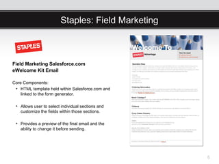 Staples: Field Marketing



Field Marketing Salesforce.com
eWelcome Kit Email

Core Components:
 • HTML template held within Salesforce.com and
    linked to the form generator.

 • Allows user to select individual sections and
   customize the fields within those sections.

 • Provides a preview of the final email and the
   ability to change it before sending.




                                                   5
 