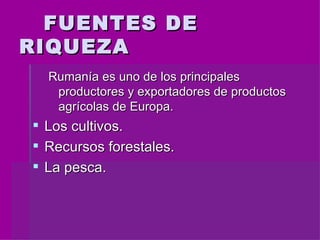 FUENTES DE RIQUEZA Rumanía es uno de los principales productores y exportadores de productos agrícolas de Europa. Los cultivos. Recursos forestales.  La pesca. 