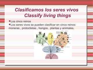 Clasificamos los seres vivos
        Classify living things
Los cinco reinos
Los seres vivos se pueden clasificar en cinco reinos:
moneras , protoctistas , hongos , plantas y animales.
 
