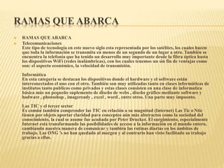 RAMAS QUE ABARCA
 RAMAS QUE ABARCA
 Telecomunicaciones
Este tipo de tecnología en este nuevo siglo esta representada por los satélites, los cuales hacen
que toda la información se transmita en menos de un segundo de un lugar a otro. También se
encuentra la telefonía que ha tenido un desarrollo muy importante desde la fibra óptica hasta
los dispositivos WiFi (redes inalámbricas), con los cuales tenemos un sin fin de ventajas como
son: el aspecto económico, la velocidad de transmisión.
Informática
En esta categoría se destacan los dispositivos donde el hardware y el software están
interconectados el uno con el otro. También son muy utilizadas tanto en clases informáticas de
institutos tanto publicos como privados y estas clases consisten en una clase de informatica
básica más un pequeño suplemento de diseño de webs , diseño gráfico mediante software y
hadware , photoshop , imageready , excel , word , entre otros. Una parte muy impoento.
Las TIC y el tercer sector
Es común también comprender las TIC en relación a su magnitud (Internet) Las Tic o Ntic
tienen por objeto aportar claridad para conceptos aún más abstractos como la sociedad del
conocimiento, la cual se asume fue acuñada por Peter Drucker. El surgimiento, especialmente
Internet está transformando las posibilidades de acceso a la información en el mundo entero,
cambiando nuestra manera de comunicar y también las rutinas diarias en los ámbitos de
trabajo. Las ONG 's no han quedado al margen y al contrario han visto facilitado su trabajo
gracias a ellas.
 