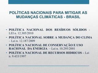 POLÍTICAS NACIONAIS PARA MITIGAR AS MUDANÇAS CLIMÁTICAS - BRASIL POLÍTICA NACIONAL DOS RESÍDUOS SÓLIDOS  -  LEI n. 12.305/2010 POLÍTICA NACIONAL SOBRE A MUDANÇA DO CLIMA  – Lei n. 12.187/2009 POLÍTICA NACIONAL DE CONSERVAÇÃO E USO RACIONAL  DA ENERGIA  – Lei n. 10.295/2001 POLÍTICA NACIONAL DE RECURSOS HIDRICOS –  Lei n. 9.433/1997 