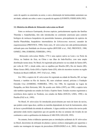 6
canto do aquário ou enterrados na areia; e com a diminuição da luminosidade aumentam sua
atividade, subindo um sobre o outro e na parede do aquário (LIVSHITS; FISHELSON,1983).
3.2. Histórico da difusão de Melanoides tuberculata no Brasil
Entre os moluscos Gastropoda, diversas espécies, particularmente aquelas das famílias
Thiaridae e Ampullariidae, têm sido introduzidas no continente americano para controle
biológico de moluscos hospedeiros de parasitóides humanos, principalmente de espécies da
família Planorbidae, hospedeiros intermediários do Schistossoma mansoni, causador da
esquistossomose (PRENTICE, 1980). Entre estes, M. tuberculata tem sido preferencialmente
utilizado para esta finalidade em diversas regiões (RITCHIE et al., 1962; PRENTICE, 1980;
GOMEZ, 1986; JURBERG; FERREIRA, 1991).
Melanoides tuberculata Muller, 1774 é uma espécie nativa no Leste e no Norte da
África, no Sudeste da Ásia, na China e nas ilhas do Indo-Pacífico, com uma ampla
distribuição nestas áreas. No Brasil, foi registrado pela primeira vez na cidade de Santos (SP),
por volta de 1967, e desde então, este se espalhou por Brasília (DF), Rio de Janeiro (RJ),
Minas Gerais (MG), Goiás (GO) e Espírito Santo (ES), além de encontros recentes na região
Nordeste do Brasil (ABÍLIO, 1997; VAZ et al., 1986).
Em 1984, a espécie de M. tuberculata foi registrada na cidade de Brasília, DF, no lago
Paranoá, e também no Rio de Janeiro, RJ, num criadouro natural, próximo à Fundação
Oswaldo Cruz (JURBERG; FERREIRA, 1991). Em 1986, foi registrada na Lagoa da
Pampulha, em Belo Horizonte, MG. De acordo com Abílio (1997), em 1990, a espécie teria
sido também registrada nos estados de Goiás e Espírito Santo. Estudos recentes registraram a
ocorrência desta espécie no Nordeste, nos estados da Bahia (SOUZA; LIMA, 1990) e da
Paraíba (PAZ et al., 1995).
No Brasil, M. tuberculata foi introduzido possivelmente por meio do lastro de navios,
que podem conter água doce, salobra ou marinha dependendo do local de lastreamento, além
de haver a possibilidade da entrada de sedimento. A água contida nos lastros dos navios pode
apresentar ainda muitos organismos que em questão de dias ou semanas são levados de um
continente a outro a quilômetros de distâncias (CARLTON; GELLER, 1993).
No entanto, fortes evidências apontam para as introduções acidentais de M. tuberculata
no Brasil, decorrentes da utilização de plantas e peixes exóticos empregados por aquaristas e
usados nas montagens de tanques de piscicultura (FERNANDEZ et al., 2003). Atualmente,
 