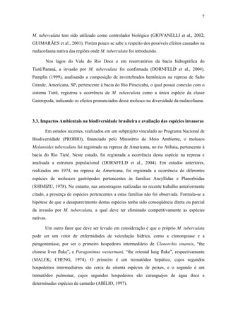7
M. tuberculata tem sido utilizado como controlador biológico (GIOVANELLI et al., 2002;
GUIMARÃES et al., 2001). Porém pouco se sabe a respeito dos possíveis efeitos causados na
malacofauna nativa das regiões onde M. tuberculata foi introduzido.
Nos lagos do Vale do Rio Doce e em reservatórios da bacia hidrográfica do
Tietê/Paraná, a invasão por M. tuberculata foi confirmada (DORNFELD et al., 2004).
Pamplin (1999), analisando a composição de invertebrados bentônicos na represa de Salto
Grande, Americana, SP, pertencente à bacia do Rio Piracicaba, o qual possui conexão com o
sistema Tietê, registrou a ocorrência de M. tuberculata como a única espécie da classe
Gastropoda, indicando os efeitos pronunciados desse molusco na diversidade da malacofauna.
3.3. Impactos Ambientais na biodiversidade brasileira e avaliação das espécies invasoras
Em estudos recentes, realizados em um subprojeto vinculado ao Programa Nacional de
Biodiversidade (PROBIO), financiado pelo Ministério do Meio Ambiente, o molusco
Melanoides tuberculata foi registrado na represa de Americana, no rio Atibaia, pertencente à
bacia do Rio Tietê. Neste estudo, foi registrada a ocorrência desta espécie na represa e
analisada a estrutura populacional (DORNFELD et al., 2004). Em estudos anteriores,
realizados em 1974, na represa de Americana, foi registrada a ocorrência de diferentes
espécies de moluscos gastrópodes pertencentes às famílias Ancyllidae e Planorbiidae
(SHIMIZU, 1978). No entanto, nas amostragens realizadas no recente trabalho anteriormente
citado, a presença de espécies pertencentes a estas famílias não foi observada. Formula-se a
hipótese de que o desaparecimento destas espécies tenha sido conseqüência direta ou parcial
da invasão por M. tuberculata, a qual deve ter eliminado competitivamente as espécies
nativas.
Um outro fator que deve ser levado em consideração é que o próprio M. tuberculata
pode ser um vetor de enfermidades de veiculação hídrica, como a clonorquiase e a
paragonimíase, por ser o primeiro hospedeiro intermediário de Clonorchis sinensis, “the
chinese liver fluke”, e Paragonimus westermani, “the oriental lung fluke”, respectivamente
(MALEK; CHENG, 1974). O primeiro é um trematódeo hepático, cujos segundos
hospedeiros intermediários são cerca de oitenta espécies de peixes, e o segundo é um
trematódeo pulmonar, cujos segundos hospedeiros são caranguejos de água doce e
determinadas espécies de camarão (ABÍLIO, 1997).
 