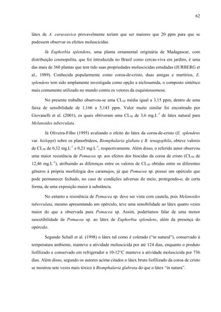 62
látex de A. curassavica provavelmente teriam que ser maiores que 20 ppm para que se
pudessem observar os efeitos moluscicidas.
Já Euphorbia splendens, uma planta ornamental originária de Madagascar, com
distribuição cosmopolita, que foi introduzida no Brasil como cercas-viva em jardins, é uma
das mais de 360 plantas que tem tido suas propriedades moluscicidas estudadas (JURBERG et
al., 1989). Conhecida popularmente como coroa-de-cristo, duas amigas e martírios, E.
splendens tem sido amplamente investigada como opção a niclosamida, o composto sintético
mais comumente utilizado no mundo contra os vetores da esquistossomose.
No presente trabalho observou-se uma CL50 média igual a 3,15 ppm, dentro de uma
faixa de sensibilidade de 1,166 a 5,143 ppm. Valor muito similar foi encontrado por
Giovanelli et al. (2001), os quais obtiveram uma CL50 de 3,6 mg.L-1
de látex natural para
Melanoides tuberculata.
Já Oliveira-Filho (1995) avaliando o efeito do látex da coroa-de-cristo (E. splendens
var. hisloppi) sobre os planorbídeos, Biomphalaria glabata e B. tenagophila, obteve valores
de CL50 de 0,32 mg.L-1
e 0,21 mg.L-1
, respectivamente. Além disso, o referido autor observou
uma maior resistência de Pomacea sp. aos efeitos dos biocidas da coroa de cristo (CL50 de
12,46 mg.L-1
), atribuindo as diferenças entre os valores de CL50 obtidas entre os diferentes
gêneros à própria morfologia dos caramujos, já que Pomacea sp. possui um opérculo que
pode permanecer fechado, no caso de condições adversas do meio, protegendo-o, de certa
forma, de uma exposição maior à substância.
No entanto a resistência de Pomacea sp. deve ser vista com cautela, pois Melanoides
tuberculata, mesmo apresentando um opérculo, teve uma sensibilidade ao látex quatro vezes
maior do que a observada para Pomacea sp. Assim, poderíamos falar de uma menor
suscetibilidade de Pomacea sp. ao látex de Euphorbia splendens, além da presença do
opérculo.
Segundo Schall et al. (1998) o látex tal como é coletado (“in natural”), conservado à
temperatura ambiente, manteve a atividade moluscicida por até 124 dias, enquanto o produto
liofilizado e conservado em refrigerador a 10-12°C manteve a atividade moluscicida por 736
dias. Além disso, segundo os autores acima citados o látex bruto liofilizado da coroa de cristo
se mostrou sete vezes mais tóxico à Biomphalaria glabrata do que o látex “in natura”.
 