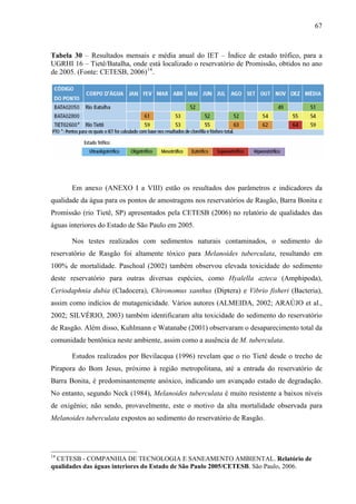 67
Tabela 30 – Resultados mensais e média anual do IET – Índice de estado trófico, para a
UGRHI 16 – Tietê/Batalha, onde está localizado o reservatório de Promissão, obtidos no ano
de 2005. (Fonte: CETESB, 2006)14
.
Em anexo (ANEXO I a VIII) estão os resultados dos parâmetros e indicadores da
qualidade da água para os pontos de amostragens nos reservatórios de Rasgão, Barra Bonita e
Promissão (rio Tietê, SP) apresentados pela CETESB (2006) no relatório de qualidades das
águas interiores do Estado de São Paulo em 2005.
Nos testes realizados com sedimentos naturais contaminados, o sedimento do
reservatório de Rasgão foi altamente tóxico para Melanoides tuberculata, resultando em
100% de mortalidade. Paschoal (2002) também observou elevada toxicidade do sedimento
deste reservatório para outras diversas espécies, como Hyalella azteca (Amphipoda),
Ceriodaphnia dubia (Cladocera), Chironomus xanthus (Diptera) e Vibrio fisheri (Bacteria),
assim como indícios de mutagenicidade. Vários autores (ALMEIDA, 2002; ARAÚJO et al.,
2002; SILVÉRIO, 2003) também identificaram alta toxicidade do sedimento do reservatório
de Rasgão. Além disso, Kuhlmann e Watanabe (2001) observaram o desaparecimento total da
comunidade bentônica neste ambiente, assim como a ausência de M. tuberculata.
Estudos realizados por Bevilacqua (1996) revelam que o rio Tietê desde o trecho de
Pirapora do Bom Jesus, próximo à região metropolitana, até a entrada do reservatório de
Barra Bonita, é predominantemente anóxico, indicando um avançado estado de degradação.
No entanto, segundo Neck (1984), Melanoides tuberculata é muito resistente a baixos níveis
de oxigênio; não sendo, provavelmente, este o motivo da alta mortalidade observada para
Melanoides tuberculata expostos ao sedimento do reservatório de Rasgão.
14
CETESB - COMPANHIA DE TECNOLOGIA E SANEAMENTO AMBIENTAL. Relatório de
qualidades das águas interiores do Estado de São Paulo 2005/CETESB. São Paulo, 2006.
 