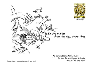 De Generatione Animalium
On the Generation of Animals
William Harvey, 1651
Ex ovo omnia
From the egg, everything
1578-1657
Denise Sheer ~ Inaugural Lecture 10th May 2010
 