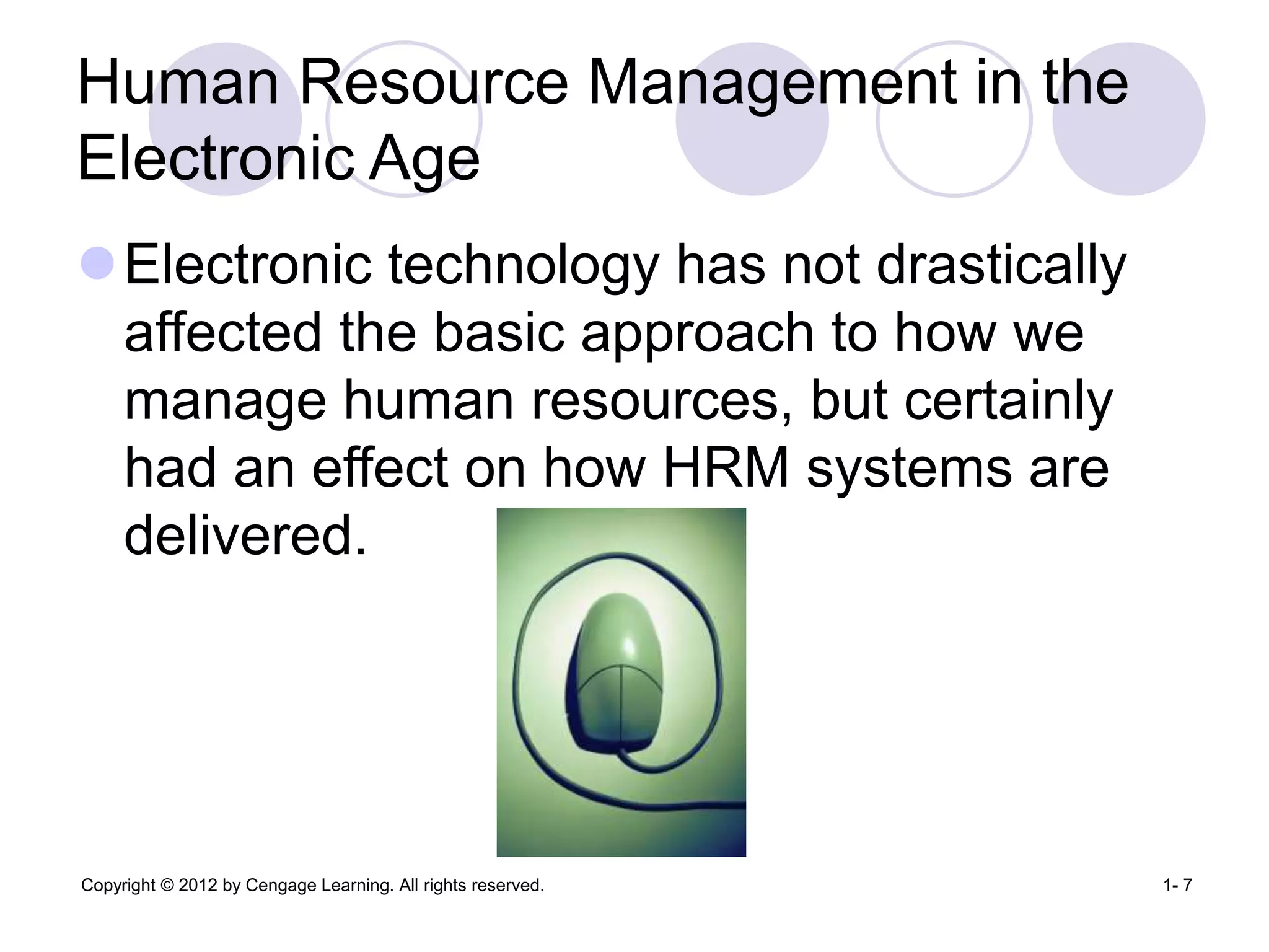 Copyright © 2012 by Cengage Learning. All rights reserved. 1- 7
Human Resource Management in the
Electronic Age
Electronic technology has not drastically
affected the basic approach to how we
manage human resources, but certainly
had an effect on how HRM systems are
delivered.
 