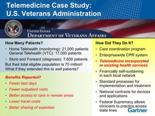 Telemedicine Case Study:
U.S. Veterans Administration
How Many Patients? How Did They Do It?
• Home Telehealth (monitoring): 21,000 patients • Care coordination program
General Telehealth (VTC): 17,000 patients • Enterprisewide CPR system
• Store and Forward (diagnosis): 7,600 patients • Telemedicine incorporated
But their total eligible population is 70 million! in existing health services
What if they extended this to well patients?
• Financially self-sustaining
Benefits Reported? in each local network
• Fewer bed days • Standard processes for
implementation and treatment
• Fewer outpatient visits
• National contracts for devices
• Better access to care in remote areas and applications
• Lower travel costs • Federal Supremacy allows
• Better sharing of expertise clinicians to practice across
state lines