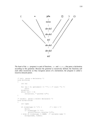 110
The heart of the dcl program is a pair of functions, dcl and dirdcl, that parse a declaration
according to this grammar. Because the grammar is recursively defined, the functions call
each other recursively as they recognize pieces of a declaration; the program is called a
recursive-descent parser.
/* dcl: parse a declarator */
void dcl(void)
{
int ns;
for (ns = 0; gettoken() == '*'; ) /* count *'s */
ns++;
dirdcl();
while (ns-- > 0)
strcat(out, " pointer to");
}
/* dirdcl: parse a direct declarator */
void dirdcl(void)
{
int type;
if (tokentype == '(') { /* ( dcl ) */
dcl();
if (tokentype != ')')
printf("error: missing )n");
} else if (tokentype == NAME) /* variable name */
strcpy(name, token);
 