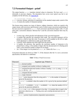 137
7.2 Formatted Output - printf
The output function printf translates internal values to characters. We have used printf
informally in previous chapters. The description here covers most typical uses but is not
complete; for the full story, see Appendix B.
int printf(char *format, arg1, arg2, ...);
printf converts, formats, and prints its arguments on the standard output under control of the
format. It returns the number of characters printed.
The format string contains two types of objects: ordinary characters, which are copied to the
output stream, and conversion specifications, each of which causes conversion and printing of
the next successive argument to printf. Each conversion specification begins with a % and
ends with a conversion character. Between the % and the conversion character there may be,
in order:
• A minus sign, which specifies left adjustment of the converted argument.
• A number that specifies the minimum field width. The converted argument will be
printed in a field at least this wide. If necessary it will be padded on the left (or right,
if left adjustment is called for) to make up the field width.
• A period, which separates the field width from the precision.
• A number, the precision, that specifies the maximum number of characters to be
printed from a string, or the number of digits after the decimal point of a floating-point
value, or the minimum number of digits for an integer.
• An h if the integer is to be printed as a short, or l (letter ell) if as a long.
Conversion characters are shown in Table 7.1. If the character after the % is not a conversion
specification, the behavior is undefined.
Table 7.1 Basic Printf Conversions
Character Argument type; Printed As
d,i int; decimal number
o int; unsigned octal number (without a leading zero)
x,X
int; unsigned hexadecimal number (without a leading 0x or 0X), using abcdef or
ABCDEF for 10, ...,15.
u int; unsigned decimal number
c int; single character
s
char *; print characters from the string until a '0' or the number of characters
given by the precision.
f
double; [-]m.dddddd, where the number of d's is given by the precision (default
6).
e,E
double; [-]m.dddddde+/-xx or [-]m.ddddddE+/-xx, where the number of d's is
given by the precision (default 6).
g,G
double; use %e or %E if the exponent is less than -4 or greater than or equal to the
precision; otherwise use %f. Trailing zeros and a trailing decimal point are not
printed.
p void *; pointer (implementation-dependent representation).
 