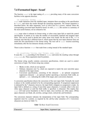 140
7.4 Formatted Input - Scanf
The function scanf is the input analog of printf, providing many of the same conversion
facilities in the opposite direction.
int scanf(char *format, ...)
scanf reads characters from the standard input, interprets them according to the specification
in format, and stores the results through the remaining arguments. The format argument is
described below; the other arguments, each of which must be a pointer, indicate where the
corresponding converted input should be stored. As with printf, this section is a summary of
the most useful features, not an exhaustive list.
scanf stops when it exhausts its format string, or when some input fails to match the control
specification. It returns as its value the number of successfully matched and assigned input
items. This can be used to decide how many items were found. On the end of file, EOF is
returned; note that this is different from 0, which means that the next input character does not
match the first specification in the format string. The next call to scanf resumes searching
immediately after the last character already converted.
There is also a function sscanf that reads from a string instead of the standard input:
int sscanf(char *string, char *format, arg1, arg2, ...)
It scans the string according to the format in format and stores the resulting values through
arg1, arg2, etc. These arguments must be pointers.
The format string usually contains conversion specifications, which are used to control
conversion of input. The format string may contain:
• Blanks or tabs, which are not ignored.
• Ordinary characters (not %), which are expected to match the next non-white space
character of the input stream.
• Conversion specifications, consisting of the character %, an optional assignment
suppression character *, an optional number specifying a maximum field width, an
optional h, l or L indicating the width of the target, and a conversion character.
A conversion specification directs the conversion of the next input field. Normally the result
is places in the variable pointed to by the corresponding argument. If assignment suppression
is indicated by the * character, however, the input field is skipped; no assignment is made. An
input field is defined as a string of non-white space characters; it extends either to the next
white space character or until the field width, is specified, is exhausted. This implies that
scanf will read across boundaries to find its input, since newlines are white space. (White
space characters are blank, tab, newline, carriage return, vertical tab, and formfeed.)
The conversion character indicates the interpretation of the input field. The corresponding
argument must be a pointer, as required by the call-by-value semantics of C. Conversion
characters are shown in Table 7.2.
Table 7.2: Basic Scanf Conversions
Character Input Data; Argument type
 