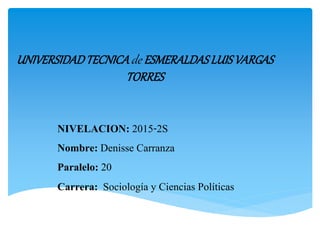 UNIVERSIDADTECNICAde ESMERALDAS LUISVARGAS
TORRES
NIVELACION: 2015-2S
Nombre: Denisse Carranza
Paralelo: 20
Carrera: Sociología y Ciencias Políticas
 