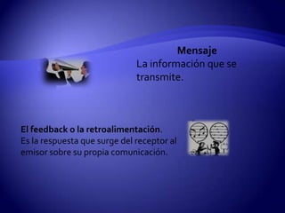 Mensaje
                              La información que se
                              transmite.



El feedback o la retroalimentación.
Es la respuesta que surge del receptor al
emisor sobre su propia comunicación.
 