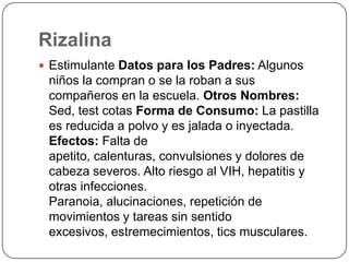 RizalinaEstimulante Datos para los Padres: Algunos niños la compran o se la roban a sus compañeros en la escuela. Otros Nombres: Sed, test cotas Forma de Consumo: La pastilla es reducida a polvo y es jalada o inyectada. Efectos: Falta de apetito, calenturas, convulsiones y dolores de cabeza severos. Alto riesgo al VIH, hepatitis y otras infecciones. Paranoia, alucinaciones, repetición de movimientos y tareas sin sentido excesivos, estremecimientos, tics musculares.