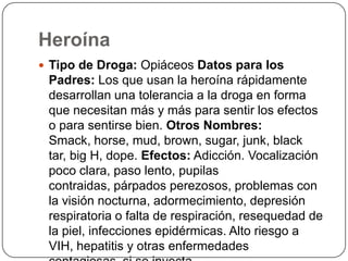 HeroínaTipo de Droga: Opiáceos Datos para los Padres: Los que usan la heroína rápidamente desarrollan una tolerancia a la droga en forma que necesitan más y más para sentir los efectos o para sentirse bien. Otros Nombres: Smack, horse, mud, brown, sugar, junk, black tar, big H, dope. Efectos: Adicción. Vocalización poco clara, paso lento, pupilas contraidas, párpados perezosos, problemas con la visión nocturna, adormecimiento, depresión respiratoria o falta de respiración, resequedad de la piel, infecciones epidérmicas. Alto riesgo a VIH, hepatitis y otras enfermedades contagiosas, si se inyecta.