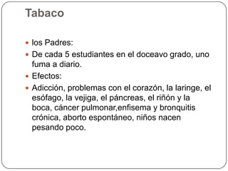 Tabacolos Padres:De cada 5 estudiantes en el doceavo grado, uno fuma a diario.Efectos:Adicción, problemas con el corazón, la laringe, el esófago, la vejiga, el páncreas, el riñón y la boca, cáncer pulmonar,enfisema y bronquitis crónica, aborto espontáneo, niños nacen pesando poco.