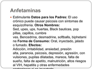 AnfetaminasEstimulante Datos para los Padres: El uso crónico puede causar psicosis con síntomas de esquizofrenia. Otros Nombres: Sed, upes, ups, huertas, Black bautices, pop pillas, capillos, cumbre ves, Bencedrina, desmadrine, softballs, biphetamineForma de Consumo: Oral, inyectado, jalado o fumado. Efectos: Adicción, irritabilidad, ansiedad, presión alta, paranoia, psicosis, depresión, agresión, convulsiones, pupilas dilatadas, mareos, falta de sueño, falta de apetito, malnutrición, altos riesgos al VIH, hepatitis y otras enfermedades contagiosas si es inyectado.