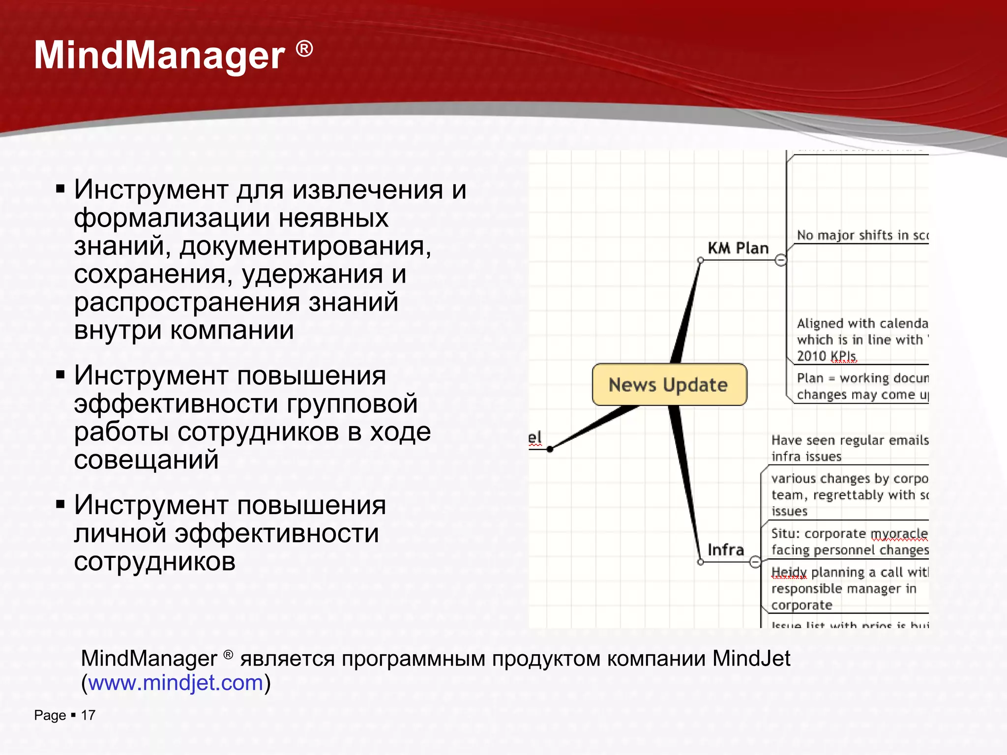 MindManager  ® Инструмент для извлечения и формализации неявных знаний, документирования, сохранения, удержания и распространения знаний внутри компании Инструмент повышения эффективности групповой работы сотрудников в ходе совещаний Инструмент повышения личной эффективности сотрудников MindManager   ®  является программным продуктом компании  MindJet  ( www.mindjet.com ) ‏ 
