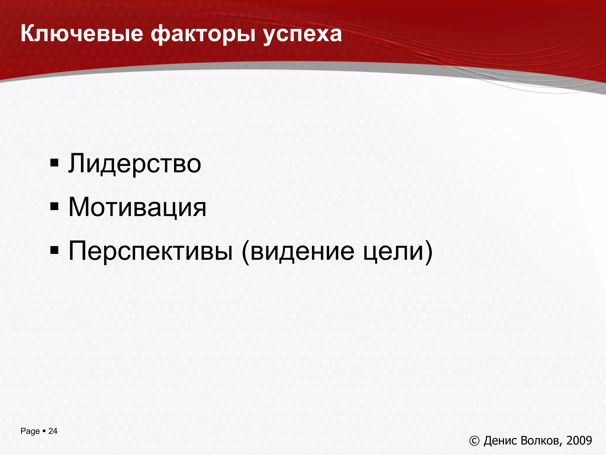 Ключевые факторы успеха Лидерство Мотивация Перспективы (видение цели) ‏ © Денис Волков, 200 9 