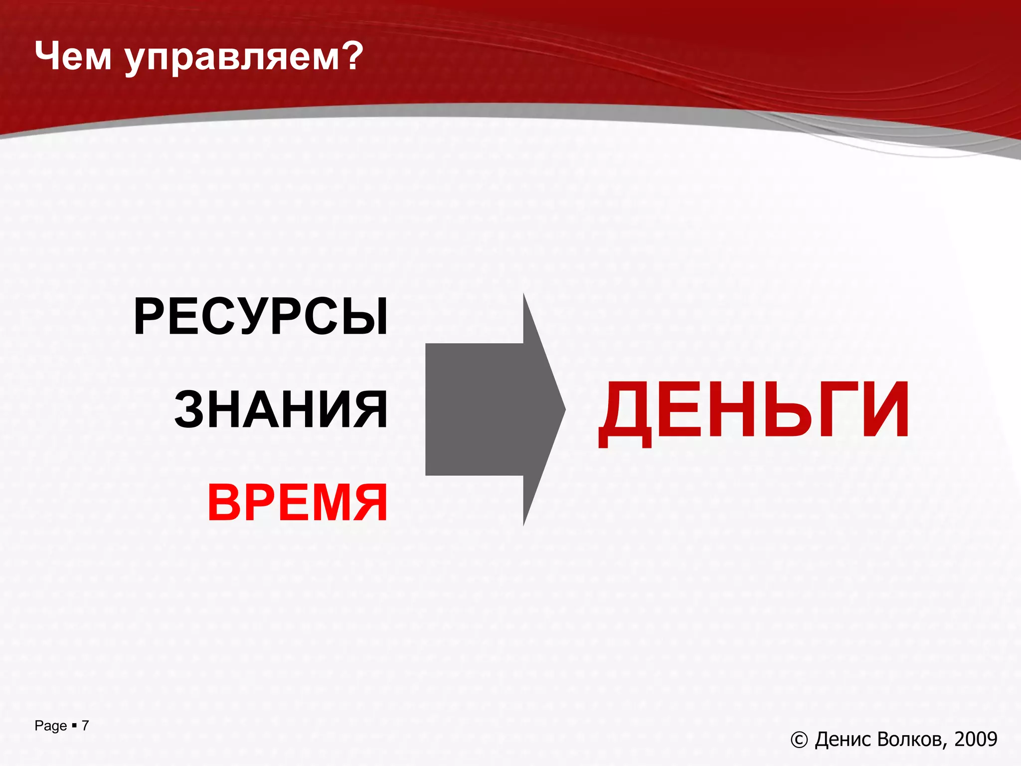 Чем управляем? ДЕНЬГИ РЕСУРСЫ ЗНАНИЯ ВРЕМЯ © Денис Волков, 200 9 
