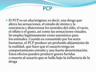 PCP
 El PCP es un alucinógeno; es decir, una droga que
altera las sensaciones, el estado de ánimo y la
conciencia y distorsiona los sentidos del oído, el tacto,
el olfato o el gusto, así como las sensaciones visuales.
Se emplea legítimamente como anestésico para
los animales. Cuando es consumido por los seres
humanos, el PCP produce un profundo alejamiento de
la realidad, que hace que el usuario tenga un
comportamiento extraño y una fuerte desorientación.
Estos efectos pueden producir graves heridas
o muerte al usuario que se halla bajo la influencia de la
droga
 