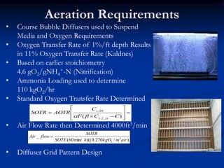 Aeration Requirements
• Course Bubble Diffusers used to Suspend
Media and Oxygen Requirements
• Oxygen Transfer Rate of 1%/ft depth Results
in 11% Oxygen Transfer Rate (Kaldnes)
• Based on earlier stoichiometry
4.6 gO2/gNH4
+-N (Nitrification)
• Ammonia Loading used to determine
110 kgO2/hr
• Standard Oxygen Transfer Rate Determined
• Air Flow Rate then Determined 4000ft3/min
• Diffuser Grid Pattern Design












)
( ,
,
20
,
C
C
F
C
AOTR
SOTR
H
T
s
s


)
/
270
.
0
)((
min/
60
(
_ 3
2 air
m
kgO
h
SOTE
SOTR
flow
Air 
 