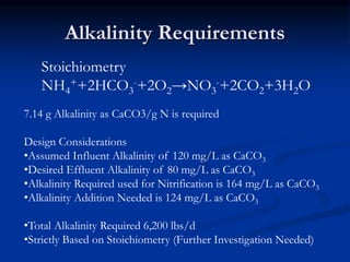 Alkalinity Requirements
Stoichiometry
NH4
++2HCO3
-+2O2→NO3
-+2CO2+3H2O
7.14 g Alkalinity as CaCO3/g N is required
Design Considerations
•Assumed Influent Alkalinity of 120 mg/L as CaCO3
•Desired Effluent Alkalinity of 80 mg/L as CaCO3
•Alkalinity Required used for Nitrification is 164 mg/L as CaCO3
•Alkalinity Addition Needed is 124 mg/L as CaCO3
•Total Alkalinity Required 6,200 lbs/d
•Strictly Based on Stoichiometry (Further Investigation Needed)
 