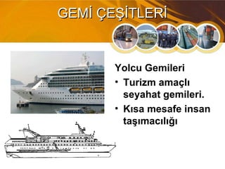 Yolcu Gemileri
• Turizm amaçlı
seyahat gemileri.
• Kısa mesafe insan
taşımacılığı
GEMİ ÇEŞİTLERİGEMİ ÇEŞİTLERİ
 