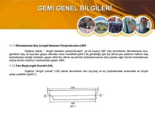 GEMİ GENEL BİLGİLERİGEMİ GENEL BİLGİLERİ
1.1.11.1.1 Dikmelerarası Boy (Lenght Between Perpendiculars-LBP)Dikmelerarası Boy (Lenght Between Perpendiculars-LBP)
İngilizce olarak, ‘’ lenght between perpendiculars’’ ya da kısaca LBP diye tanımlanan dikmelerarası boy,İngilizce olarak, ‘’ lenght between perpendiculars’’ ya da kısaca LBP diye tanımlanan dikmelerarası boy,
gemilerin baş ve kıçından geçen dikmeler arası mesafedir.şekil-1’de görüldüğü gibi bai dikme,yaz yükleme hattının başgemilerin baş ve kıçından geçen dikmeler arası mesafedir.şekil-1’de görüldüğü gibi bai dikme,yaz yükleme hattının baş
bodoslamayı kestiği noktadan geçen diktir.Kıç dikme ise,dümen bodoslanmasına arka yüzden,eğer dümen bodoslamasıbodoslamayı kestiği noktadan geçen diktir.Kıç dikme ise,dümen bodoslanmasına arka yüzden,eğer dümen bodoslaması
yoksa dümen rodonun merkezinden geçen diktir.yoksa dümen rodonun merkezinden geçen diktir.
1.1.21.1.2 Tam Boy(Lenght Overall-LOA)Tam Boy(Lenght Overall-LOA)
İngilizce ‘’lenght overall’’ LOA olarak tanımlanan tam boy,baş ve kıç bodoslamalar arasındaki en büyükİngilizce ‘’lenght overall’’ LOA olarak tanımlanan tam boy,baş ve kıç bodoslamalar arasındaki en büyük
yatay uzaklıktır.(şekil-1)yatay uzaklıktır.(şekil-1)
 