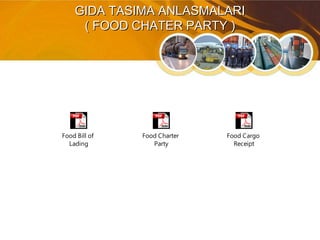 GIDA TASIMA ANLASMALARIGIDA TASIMA ANLASMALARI
( FOOD CHATER PARTY )( FOOD CHATER PARTY )
Food Charter
Party
Food Cargo
Receipt
Food Bill of
Lading
 