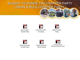 BUĞDAY VE DOKME YUK CHARTER PARTYBUĞDAY VE DOKME YUK CHARTER PARTY
( GRAIN & BULK CHARTER PARTY )( GRAIN & BULK CHARTER PARTY )
North American
Bill of Lading
North American
Charter Party
Baltic Charter
Party
Bimco Grain
Charter Party
Grain Bimco Bill
of Lading
Synacomex
Wheat Charter Party
 
