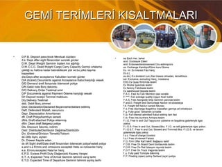 GEMİ TERİMLERİ KISALTMALARIGEMİ TERİMLERİ KISALTMALARI
• D.P.B. Deposit pass-book Mevduat cüzdanıD.P.B. Deposit pass-book Mevduat cüzdanı
d.s. Days after sight İbrazından sonraki günlerd.s. Days after sight İbrazından sonraki günler
D.W. Dead Weight Geminin toplam ton ağırlığıD.W. Dead Weight Geminin toplam ton ağırlığı
D.W.C.C.C. Dead Weight Cargo Carry Capacity Gemiyi ortalamaD.W.C.C.C. Dead Weight Cargo Carry Capacity Gemiyi ortalama
çektiği su hattına kadar batırabilecek yük ve bu yükü taşımaçektiği su hattına kadar batırabilecek yük ve bu yükü taşıma
kapasitesikapasitesi
d/a Days after acceptance Kabulden sonraki günlerd/a Days after acceptance Kabulden sonraki günler
D/A (ticaret) Documents against Acceptance Kabul karşılığı vesaikD/A (ticaret) Documents against Acceptance Kabul karşılığı vesaik
D/D Demand draft İbrazında ödenecek poliçeD/D Demand draft İbrazında ödenecek poliçe
D/N Debit note Borç dekontuD/N Debit note Borç dekontu
D/O Delivery Order Teslimat emriD/O Delivery Order Teslimat emri
D/P Documents against Payment Ödeme karşılığı vesaikD/P Documents against Payment Ödeme karşılığı vesaik
D/r Deposit receipt Teminat makbuzuD/r Deposit receipt Teminat makbuzu
D/y Delivery TeslimatD/y Delivery Teslimat
deb. Debit Borç zimmetdeb. Debit Borç zimmet
Decl. Declaration/Declared Beyanname/deklare edilmişDecl. Declaration/Declared Beyanname/deklare edilmiş
Deft. Defendant Müdafı, savunucuDeft. Defendant Müdafı, savunucu
Depr. Depreciation AmortismanDepr. Depreciation Amortisman
dft. Draft Poliçe/kambiyo senedidft. Draft Poliçe/kambiyo senedi
dft/a. Draft attached Poliçe eklennıişdft/a. Draft attached Poliçe eklennıiş
dft/c Clean draft Belgesiz poliçedft/c Clean draft Belgesiz poliçe
Dis. Discount İskonto, indirimDis. Discount İskonto, indirim
Distr. Distribute/Distributor Dağıtma/DistribütörDistr. Distribute/Distributor Dağıtma/Distribütör
Div. Dividend/Division Temettü/TaksimDiv. Dividend/Division Temettü/Taksim
do Ditto Aynı, aynendo Ditto Aynı, aynen
Dr. Drawer Keşide edenDr. Drawer Keşide eden
ds dft Sight draft/Date draft İbrazından ödenecek poliçe/vadeli poliçeds dft Sight draft/Date draft İbrazından ödenecek poliçe/vadeli poliçe
e.and o.e Errors and omissions excepted Hata ve noksanlar hariçe.and o.e Errors and omissions excepted Hata ve noksanlar hariç
e.e. Errors excepted Hata1ar hariçe.e. Errors excepted Hata1ar hariç
E.P.D. Excess Profit Duty Olağanüstü Kazanç VergisiE.P.D. Excess Profit Duty Olağanüstü Kazanç Vergisi
E.T. A. Expected Time of Arrival Geminin tahmini varış tarihiE.T. A. Expected Time of Arrival Geminin tahmini varış tarihi
E.T.D. Expected Time of Departure Gemirıin tahmini ayrılış tarihiE.T.D. Expected Time of Departure Gemirıin tahmini ayrılış tarihi
• ea Each Her; beherea Each Her; beher
encl. Enclosure Ekleriencl. Enclosure Ekleri
end. Endorsed/endorsement Ciro edilmiş/ciroend. Endorsed/endorsement Ciro edilmiş/ciro
ex. Exchange Kambiyo/Döviz kuru/ Borsaex. Exchange Kambiyo/Döviz kuru/ Borsa
Ex. int. Ex interest Faiz hariçEx. int. Ex interest Faiz hariç
Ex.d.(Ex.d.(
ex.div.) Ex dividend (um) Kar hissesi olmadan, temettüsüzex.div.) Ex dividend (um) Kar hissesi olmadan, temettüsüz
exl. Exclusive, excluding Hariç, rnüstesnaexl. Exclusive, excluding Hariç, rnüstesna
EXQ Ex Quay Rıhtımda teslimEXQ Ex Quay Rıhtımda teslim
Ex Works İşyerinde teslimEx Works İşyerinde teslim
Ex factory Fabrikada teslimEx factory Fabrikada teslim
Ex warehouse Depoda teslimEx warehouse Depoda teslim
F.A.C. Fast As Can Mümkün olan süratleF.A.C. Fast As Can Mümkün olan süratle
F.****. Fair average quality Uygun ticari kaliteF.****. Fair average quality Uygun ticari kalite
F.A.S. Free Alongside Ship Geminin yanında teslimF.A.S. Free Alongside Ship Geminin yanında teslim
F.and.D. Freight and Demurrage Navlun ve sürastaryaF.and.D. Freight and Demurrage Navlun ve sürastarya
f.b. Freight bill Navlurı senedi faturasıf.b. Freight bill Navlurı senedi faturası
F.d. Free discharge Boşaltma masrafları gemiye ait olmaksızınF.d. Free discharge Boşaltma masrafları gemiye ait olmaksızın
F.g. Fully good Tamamen iyi kaliteF.g. Fully good Tamamen iyi kalite
f.i.a. Full interest admitted Kabul edilmiş tam faizf.i.a. Full interest admitted Kabul edilmiş tam faiz
f.i.b. Free into bunkers Ambara teslimf.i.b. Free into bunkers Ambara teslim
F.I.O. Free In and Out Taşıyıcının yükleme ve boşaltma giderleriyle ilgisiF.I.O. Free In and Out Taşıyıcının yükleme ve boşaltma giderleriyle ilgisi
yoktur.yoktur.
F.I.O.S. Free In and Out, Stowed Bkz. F.I.O. ve istif giderleriyle ilgisi yoktur.F.I.O.S. Free In and Out, Stowed Bkz. F.I.O. ve istif giderleriyle ilgisi yoktur.
F.I.O.S.T. Free In and Out, Stowed and Trimmed Bkz. F.I.O.S. ve tanzimF.I.O.S.T. Free In and Out, Stowed and Trimmed Bkz. F.I.O.S. ve tanzim
giderleriyle ilgisi yoktur.giderleriyle ilgisi yoktur.
f.o.c. Free of charge Ücretsizf.o.c. Free of charge Ücretsiz
f.o.l. Free of interest Faizsizf.o.l. Free of interest Faizsiz
F.O. Firm Offer Kat'i teklif, Bağlayıcı teklifF.O. Firm Offer Kat'i teklif, Bağlayıcı teklif
F.O.B. Free On Board Gemi bordasında teslimF.O.B. Free On Board Gemi bordasında teslim
F.O.R. Free On Rail İstasyon rayında teslimF.O.R. Free On Rail İstasyon rayında teslim
F.O.T. Free On Truck Vagonda teslimF.O.T. Free On Truck Vagonda teslim
f. p. Fully paid Tümüyle ödenmişf. p. Fully paid Tümüyle ödenmiş
F.P. Floating (open) policy Serbest (açık) poliçeF.P. Floating (open) policy Serbest (açık) poliçe
 