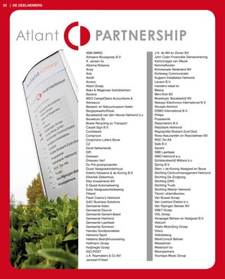 32 | de deelnemers




                     ABN AMRO                                  J.H. de Wit en Zonen BV
                     Adriaans Bouwgroep B.V.                   John Colen Financiële Dienstverlening
                     A. Jansen bv                              Kartonnages van Wezel
                     Albema­Robema                             KemmeKoolen
                     Ariza                                     Kimmenade Nederland BV
                     Arte                                      Korteweg Communicatie
                     Artofil                                   Kuijpers Installaties Helmond
                     Arveco                                    Lavans B.V.
                     Atlant Groep                              manders totaal bv
                     Bakx & Wagenaar bedrijfsartsen            Meeùs
                     Bavaria                                   Merc@sh BV
                     BDO CampsObers Accountants &              Moeskops’ Bouwbedrijf BV
                     Adviseurs                                 Neways Electronics International N.V.
                     Beiaard­ en Natuurmuseum Asten            Novadic­Kentron
                     Bergopwaarts@bow                          OSBO International B.V.
                     Bouwbedrijf van den Heuvel Helmond b.v.   Philips
                     Bouwburo 3D                               Praasterink
                     Bowie Recycling en Transport              Raaymakers B.V.
                     Carpet Sign B.V.                          Rabobank Helmond
                     Combiwerk                                 Regiopolitie Brabant Zuid­Oost
                     Compricon                                 Rivez Assurantiën en Risicobeheer BV
                     Coopmans Lutters Bouw                     ROC Ter AA
                     CZ                                        Safe B.V.
                     Dorel Netherlands                         Savant
                     DPI                                       SBB Laarbeek
                     Driessen                                  SMO Helmond e.o.
                     Driessen Verf                             Schildersbedrijf Wilbers b.v.
                     Du Pré groenprojecten                     Spring B.V.
                     Dusol Vastgoedonderhoud                   Stam + de Koning Vastgoed en Bouw
                     Elektro Klessens & de Koning B.V.         Stichting Centrummanagement Helmond
                     Elkerliek Ziekenhuis                      Stichting De Zorgboog
                     Elko Investments BV                       Stichting ORO
                     E­Quest Automatisering                    Stichting Trudo
                     Estia Vastgoedontwikkeling                Stichting Welzijn Helmond
                     Fitland                                   Tènce! uitzendbureau
                     Flash Casino’s Helmond                    Van Bussel Groep
                     GAC Business Solutions                    Van Lieshout Elektra b.v.
                     Gemeente Asten                            Van Rijsingen Beheer BV
                     Gemeente Deurne                           VB&T Groep
                     Gemeente Gemert­Bakel                     VDL Groep
                     Gemeente Helmond                          Verspaget Beheer en Vastgoed B.V.
                     Gemeente Laarbeek                         Vescom
                     Gemeente Someren                          Vitalis WoonZorg Groep
                     Harotex Gordijnenatelier                  Vlisco
                     Helmond Sport                             Volksbelang
                     Hettema Bedrijfshuisvesting               WerkConsult Beheer
                     Hoffmann Groep                            Wesselman
                     Huijbregts Groep                          Westvoort bv
                     IGO­POST                                  Woonpartners
                     J.A. Raymakers & Co BV                    Younique Music Group
                     Janssen­Fritsen
 
