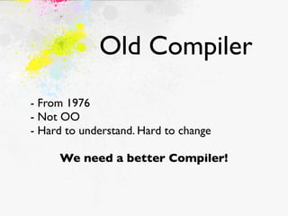Old Compiler
- From 1976
- Not OO
- Hard to understand. Hard to change

     We need a better Compiler!
 