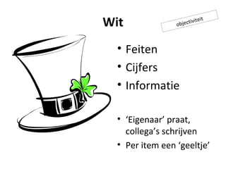 Wit Feiten Cijfers Informatie ‘ Eigenaar’ praat, collega’s schrijven Per item een ‘geeltje’ objectiviteit 