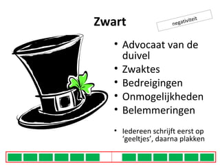 Zwart Advocaat van de duivel Zwaktes Bedreigingen Onmogelijkheden Belemmeringen Iedereen schrijft eerst op ‘geeltjes’, daarna plakken negativiteit 