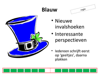 Blauw Nieuwe invalshoeken Interessante perspectieven Iedereen schrijft eerst op ‘geeltjes’, daarna plakken regie 