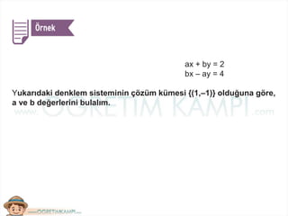 ax + by = 2
bx – ay = 4
Yukarıdaki denklem sisteminin çözüm kümesi {(1,–1)} olduğuna göre,
a ve b değerlerini bulalım.
 